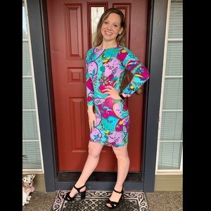 1980s Punk Label BETSEY JOHNSON Spandex Mini Dress Bright Psychedelic Print